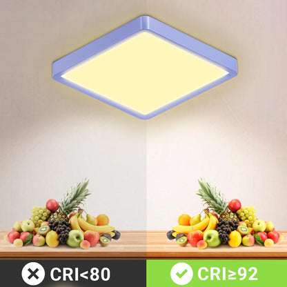Quadratische LED-Deckenleuchte mit warmweißem Licht, Vergleich von CRI-Werten Balken.