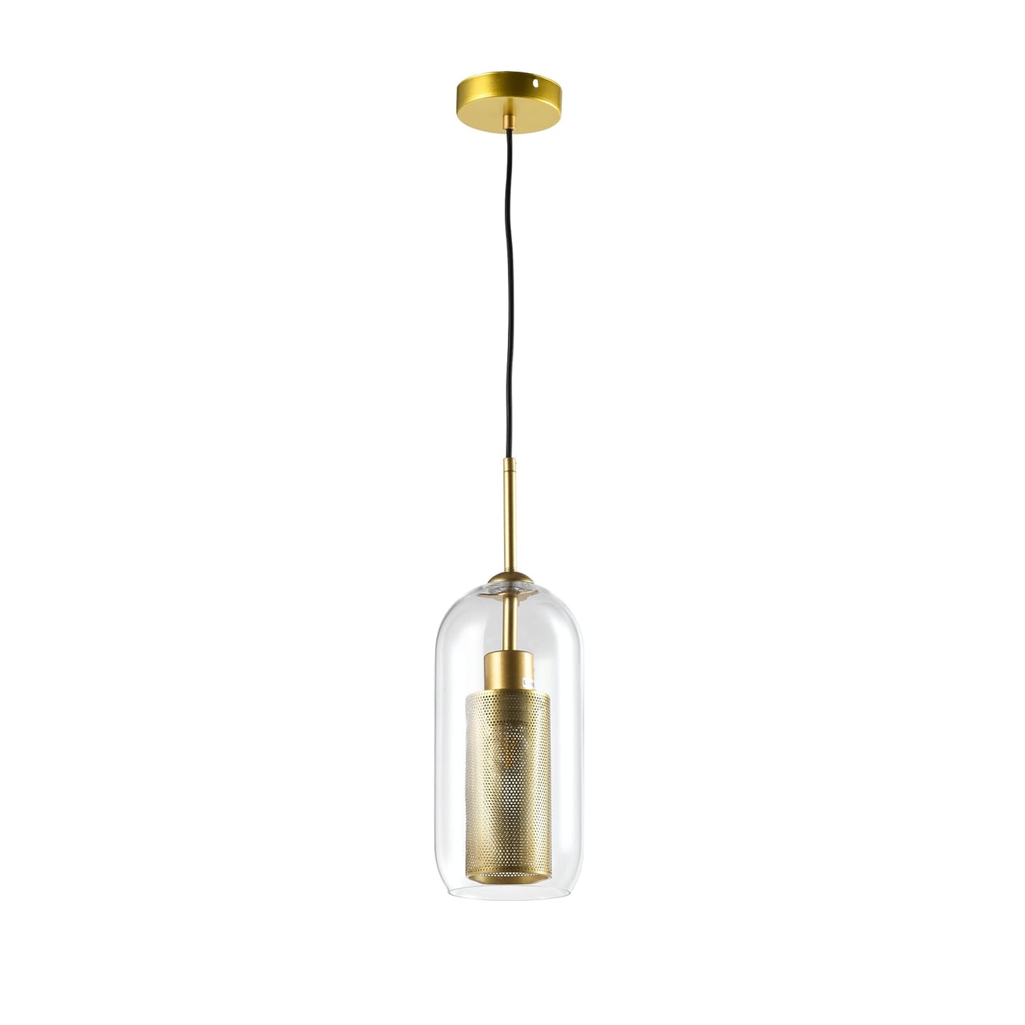 Pendelleuchte mit rundem goldenen Deckel und klarem Glasschirm, goldener Fassung