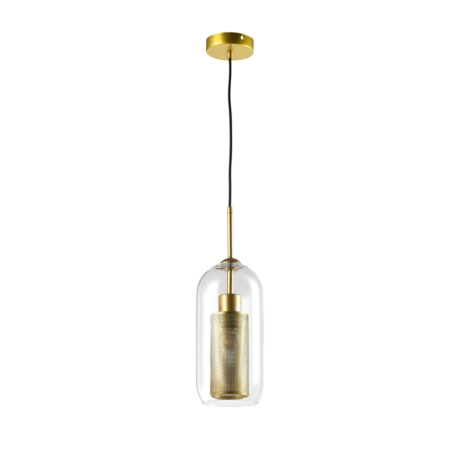 Pendelleuchte mit rundem goldenen Deckel und klarem Glasschirm, goldener Fassung