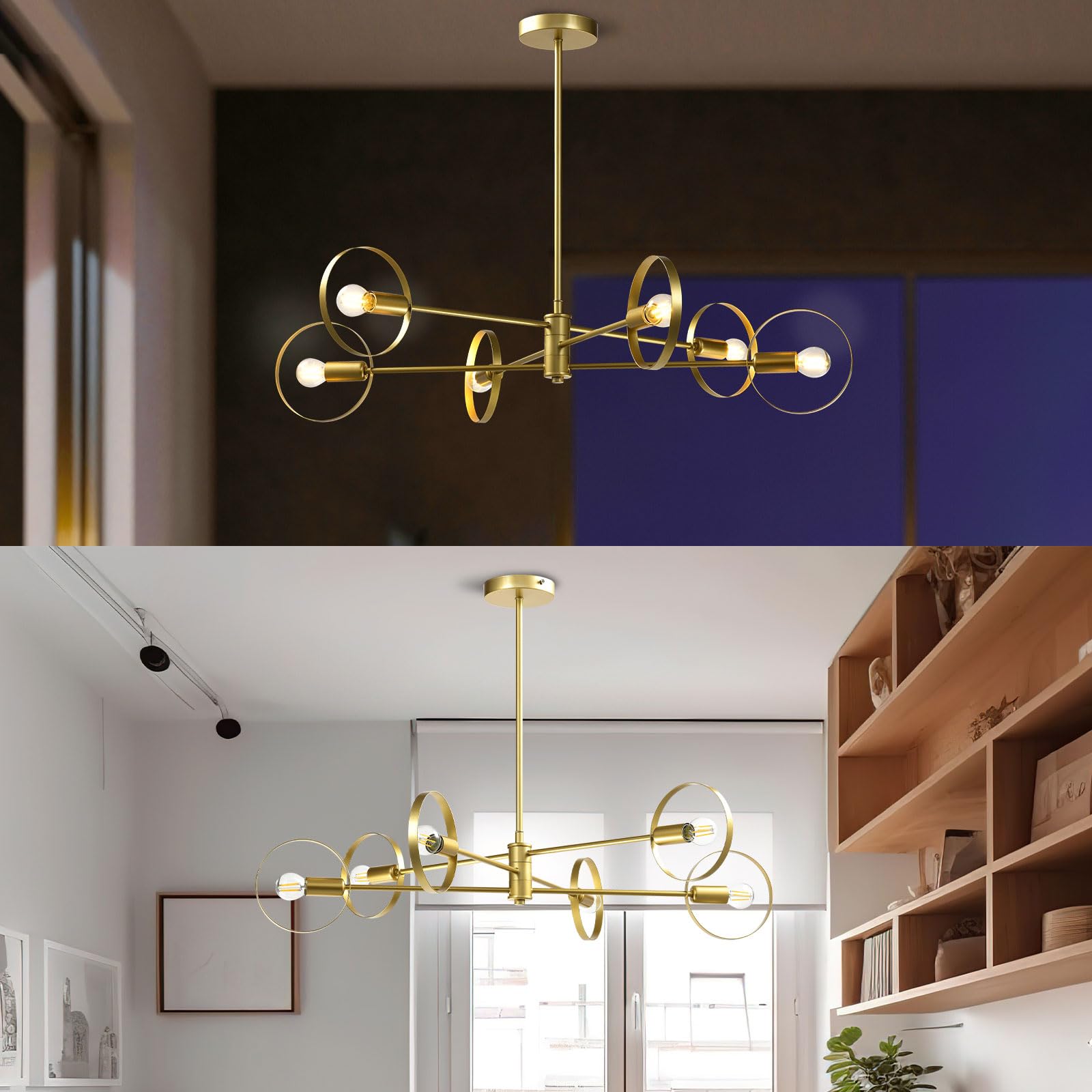 Goldener Kronleuchter mit sechs Lampenarmen und offenen Glaskolben im Wohn-/Flurbereich
