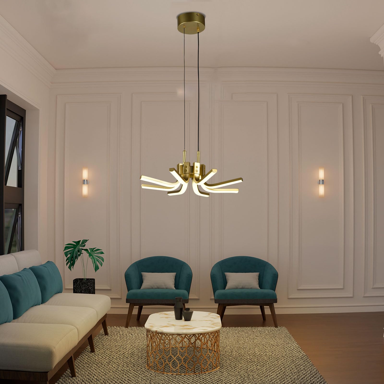 LED-Kronleuchter über Couchtisch, goldfarbene Arme mit weißen Diffusoren, hängend
