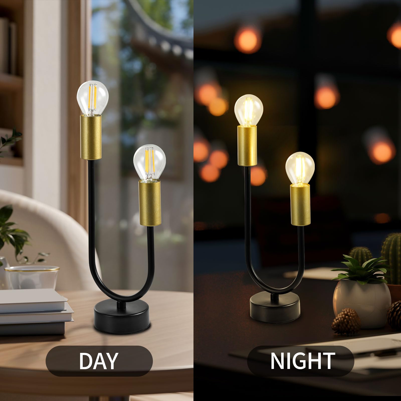 Zweiflammige Tischlampe mit zwei klaren Glühbirnen, goldenen Fassungen und schwarzem Fuß
