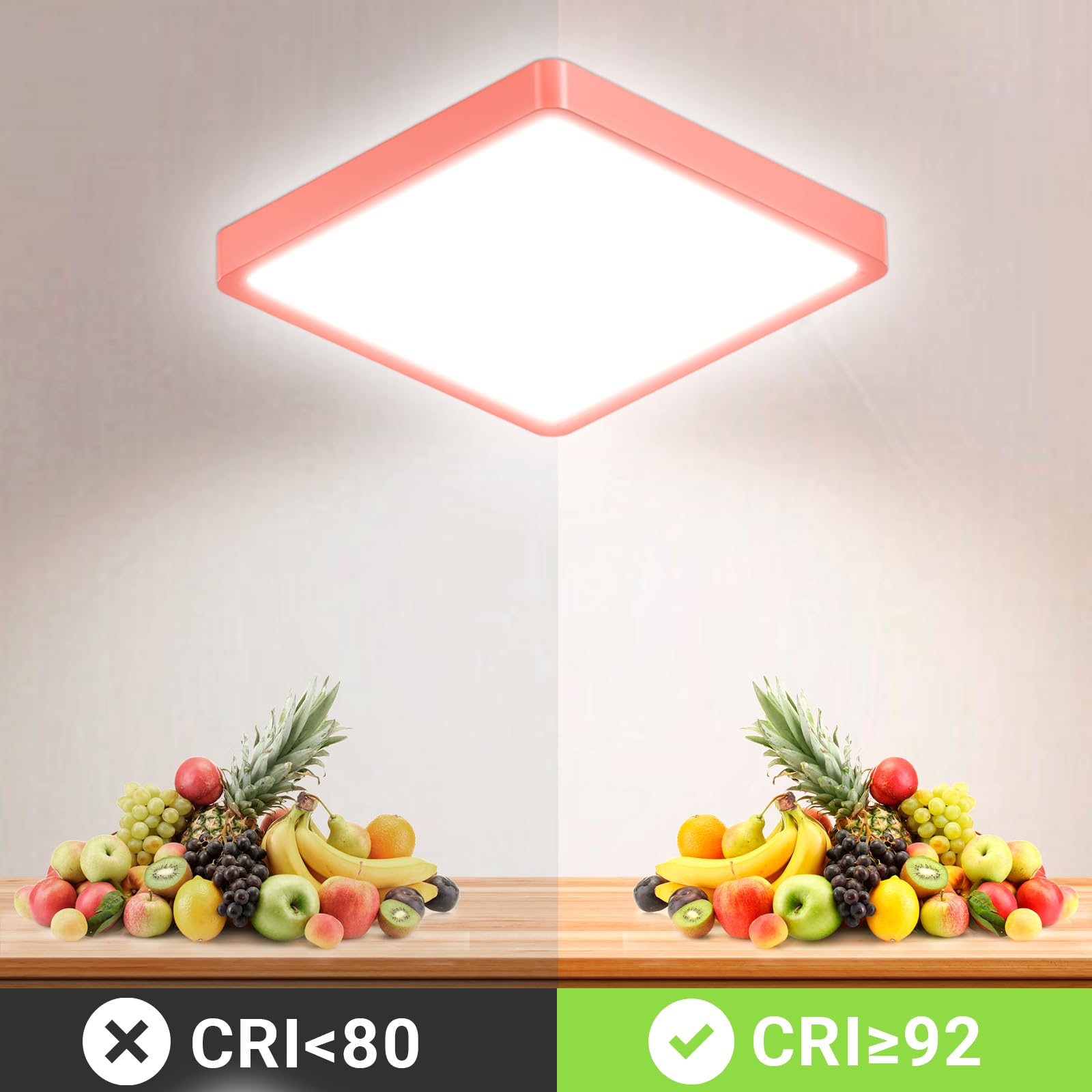 Quadratische LED-Deckenleuchte mit orangefarbenem Rahmen und weißer Lichtfläche an der Decke