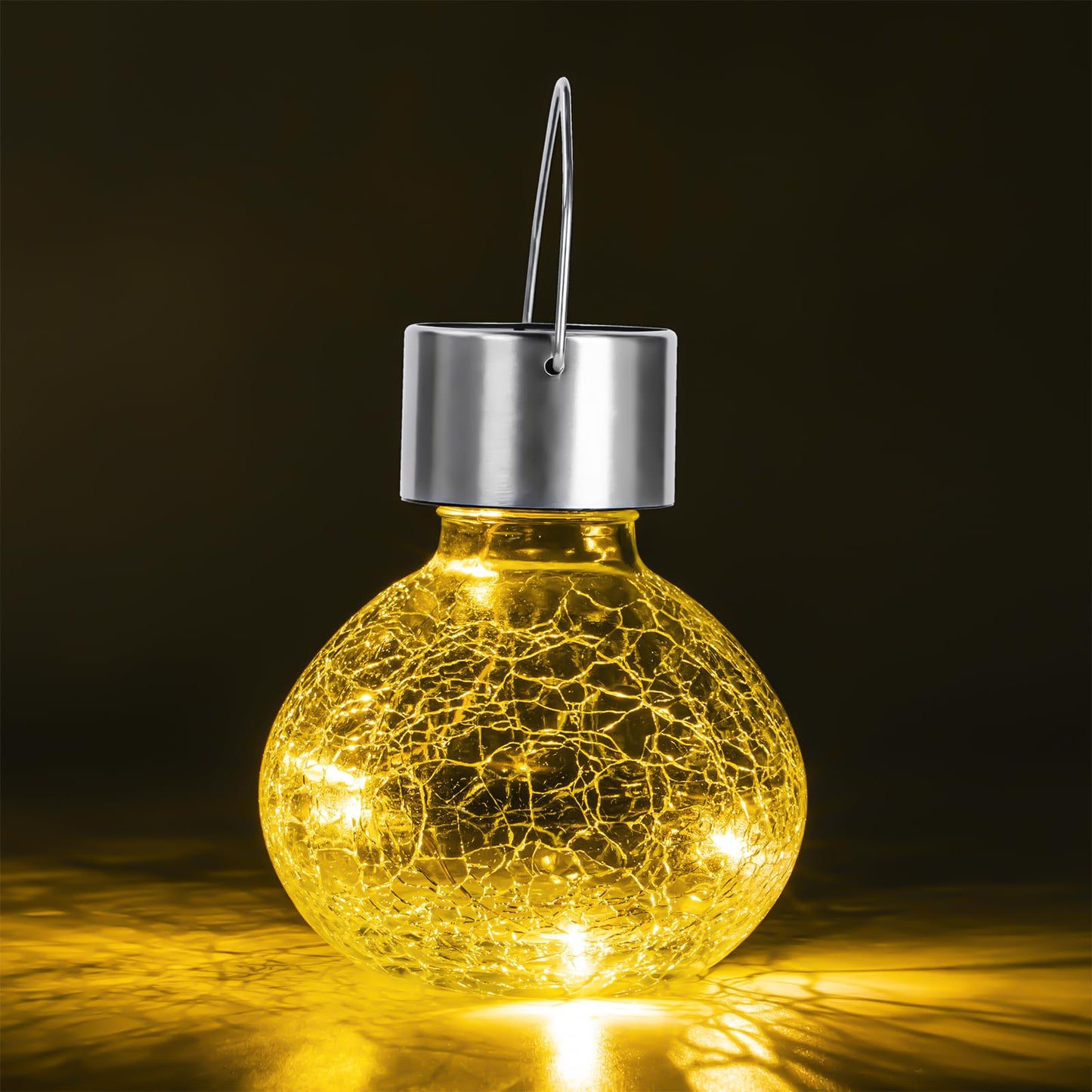 Solar-Hängeleuchte mit gelber Crackle-Glaskugel und silbernem Kopf, warmweißes Licht.