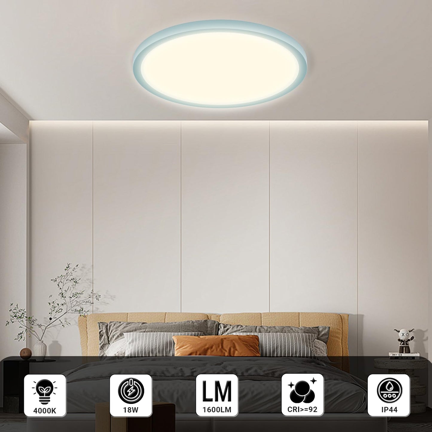 Runde LED-Deckenleuchte mit warmweißem Lichtkreis und flachem Design am Deckenschild