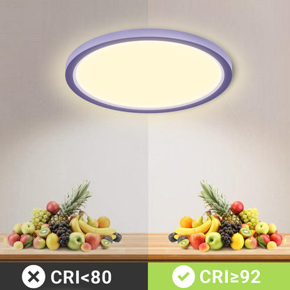 Runde LED-Deckenleuchte mit violettem Rand, warmweißes Licht