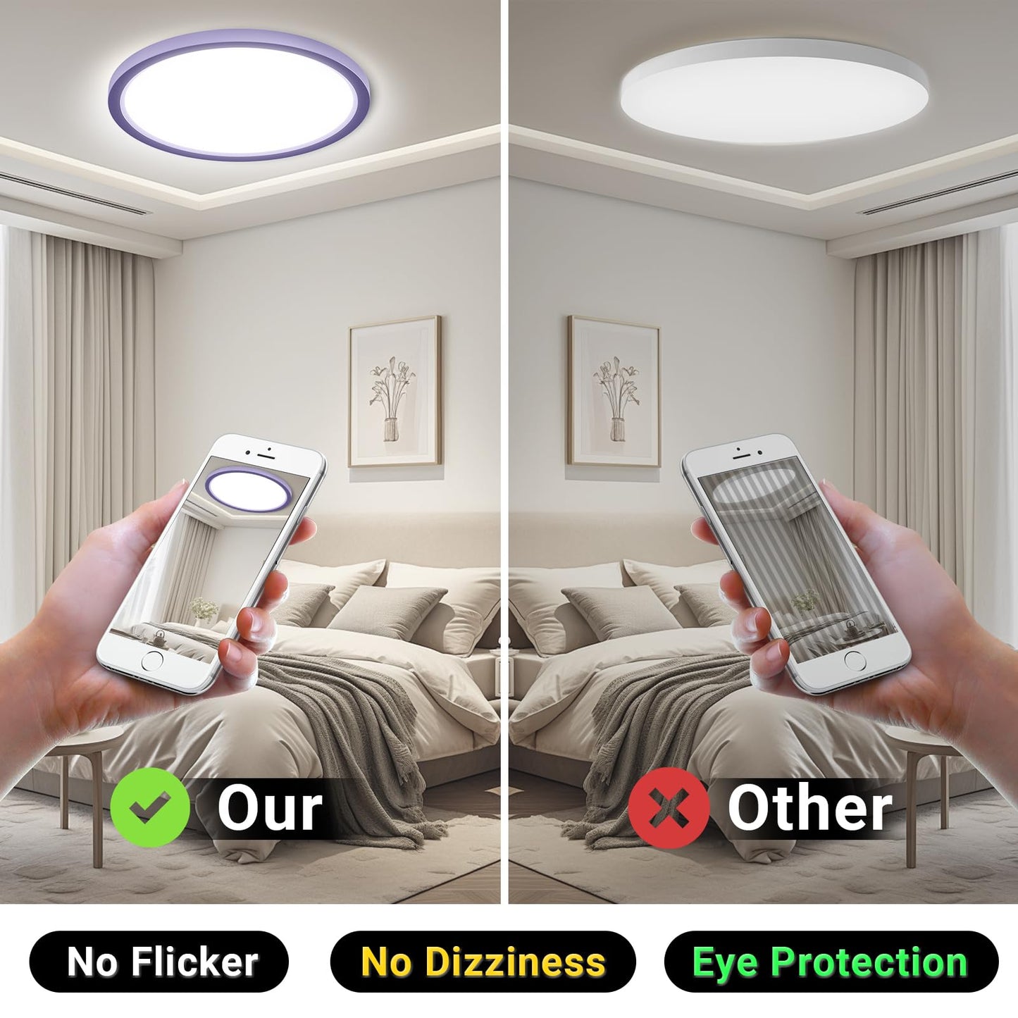 Runde LED-Deckenleuchte mit lila Ring, beworben ohne Flackern