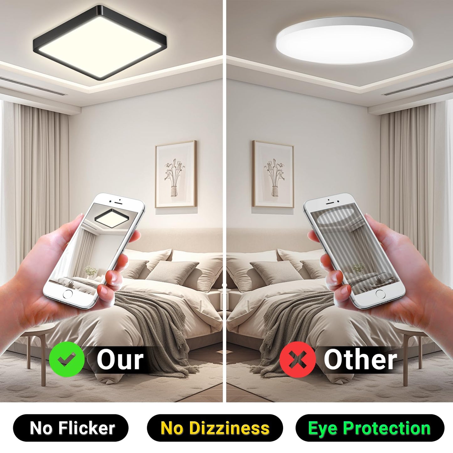 Quadratische LED-Deckenleuchte mit schwarzem Rahmen, Steuerung per Smartphone