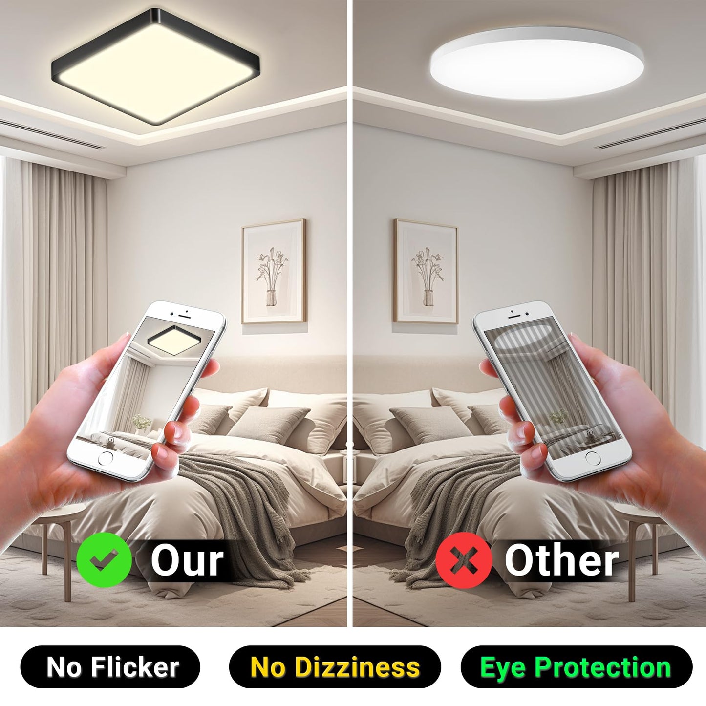 LED-Deckenleuchte, quadratisch flach, schwarze Einfassung, gleichmäßiges warmweißes Licht