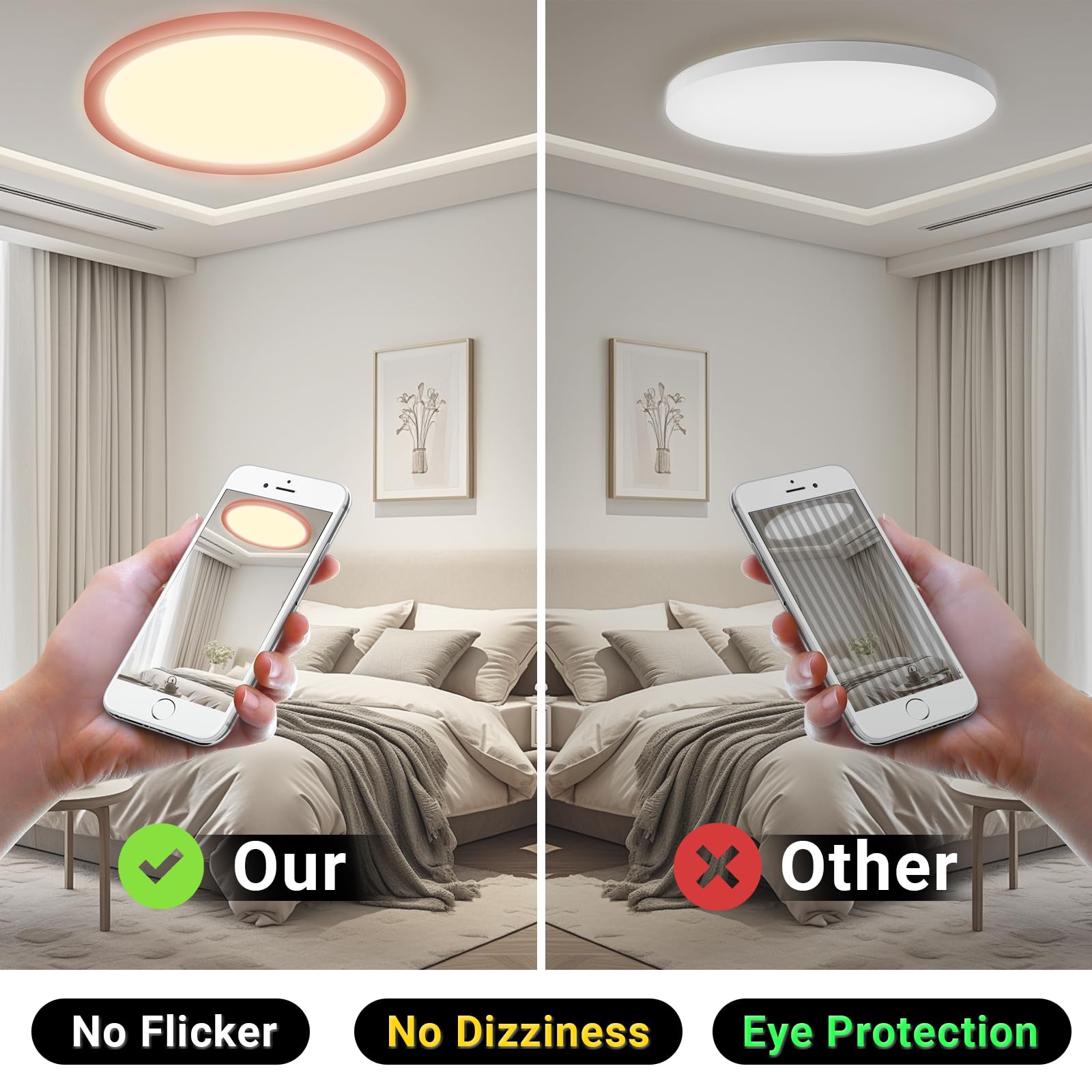 LED-Deckenleuchte mit No Flicker-, No Dizziness- und Eye-Protection-Hinweis