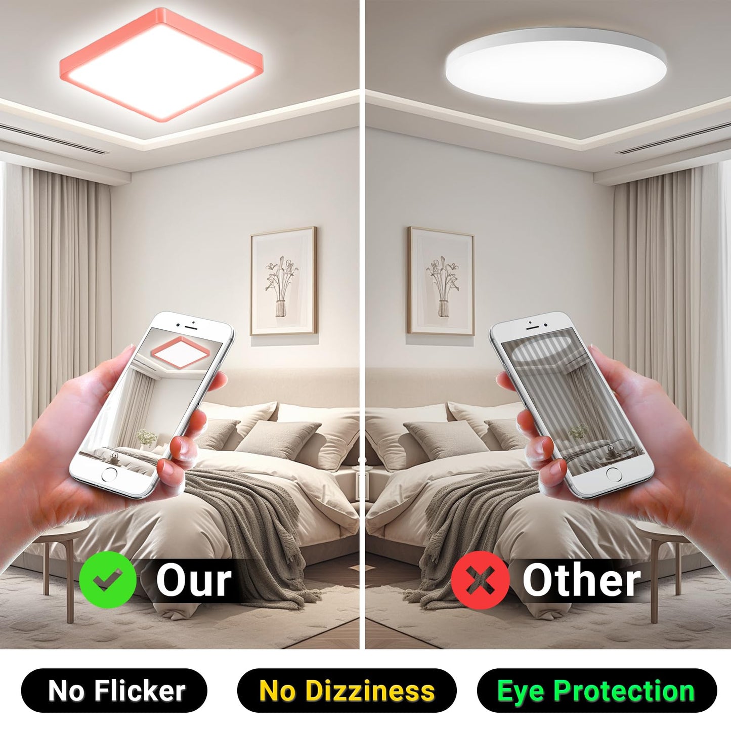 LED-Deckenleuchte mit orangefarbenem Rahmen und flacher, weißer Lichtfläche