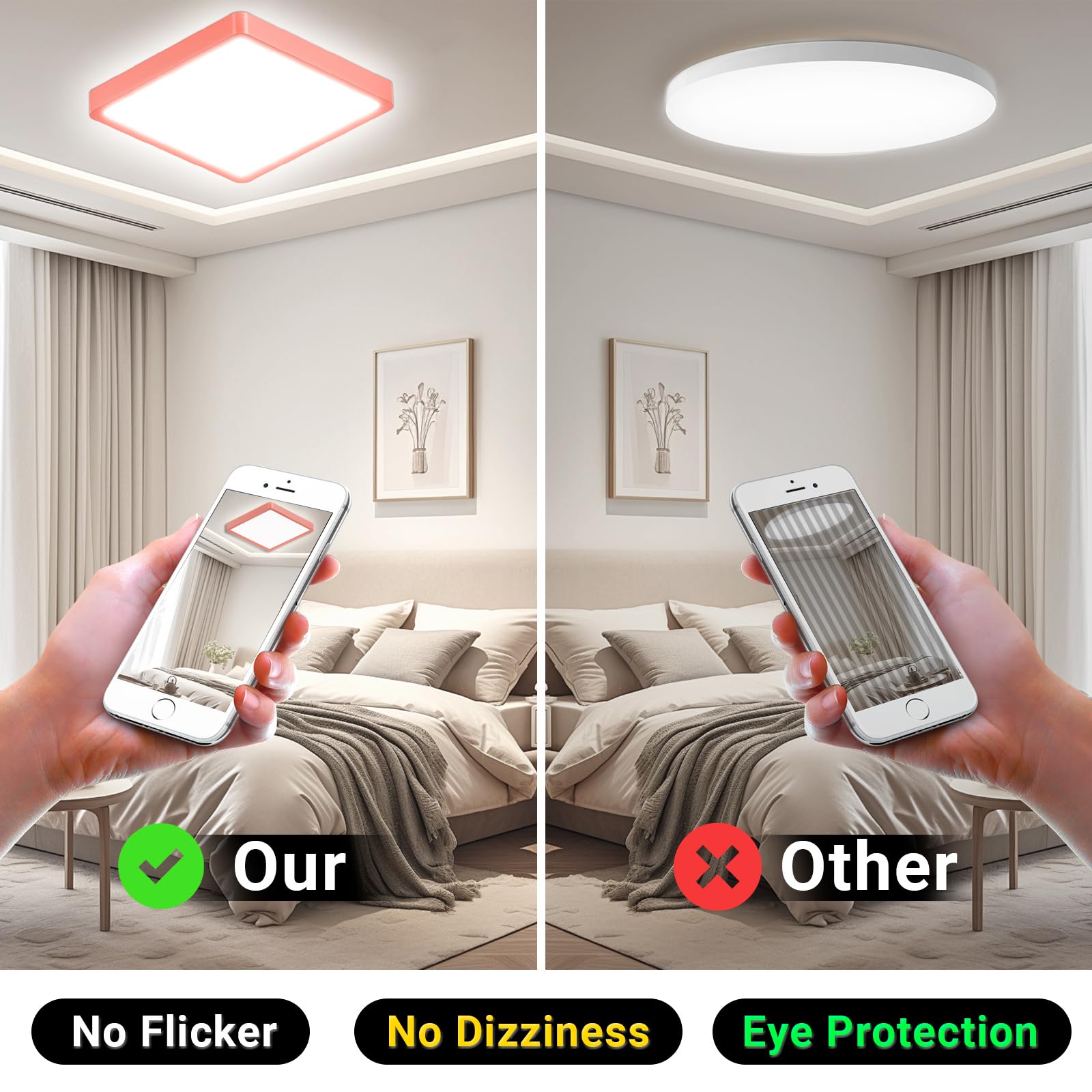 LED-Deckenleuchte mit orangefarbenem Rahmen und flacher, weißer Lichtfläche