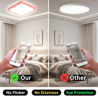 LED-Deckenleuchte mit orangefarbenem Rahmen und flacher, weißer Lichtfläche