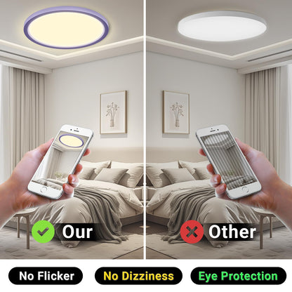 Runde LED-Deckenleuchte mit violettem Rand, warmweißes Licht an der Decke