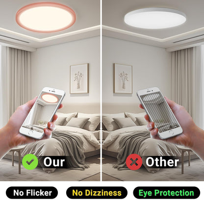 Runde LED-Deckenleuchte mit warmweißem Lichtkranz, Vergleich ohne Flackern