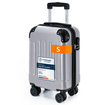 Silberner Hartschalen-Reisekoffer mit Teleskopgriff und Lenkrollen, Größe S
