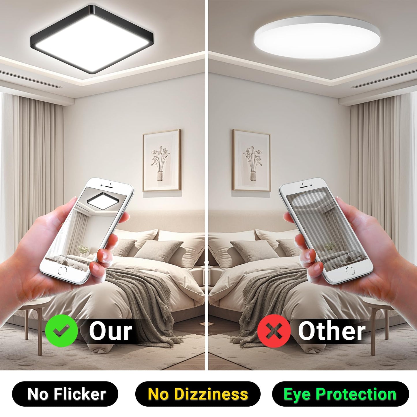 LED-Deckenleuchte mit schwarzem Rahmen und gleichmäßig hellem Licht im Raum.