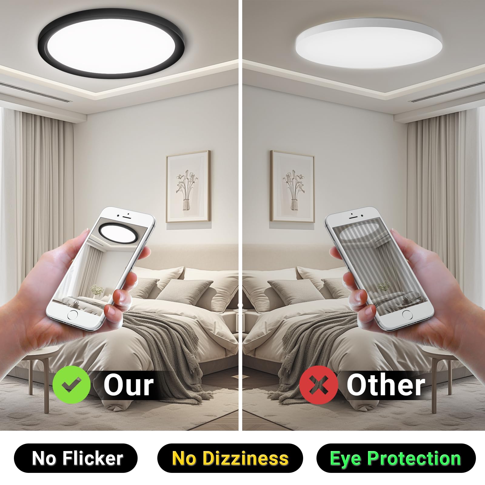 Runde flache LED-Deckenleuchte mit schwarzem Rahmen, kein Flimmern, augenschonend