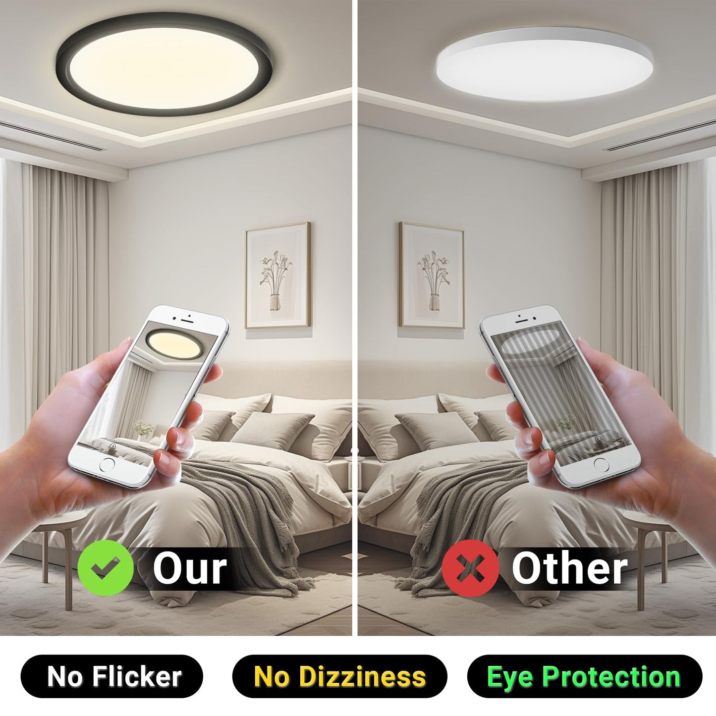 Runde LED-Deckenleuchte; Text eingeblendet: Our/Other sowie „No Flicker“, „No Dizziness“