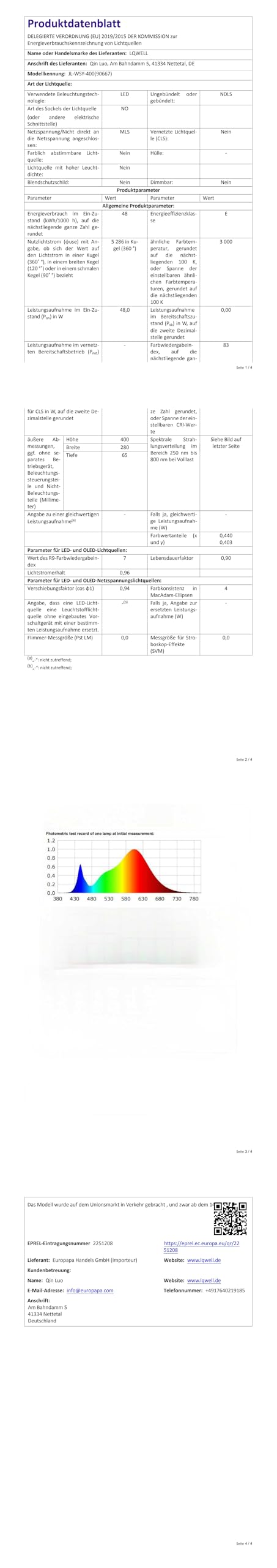 Technisches Datenblatt-Seite mit Tabellen zur LQWELL LED-Deckenleuchte