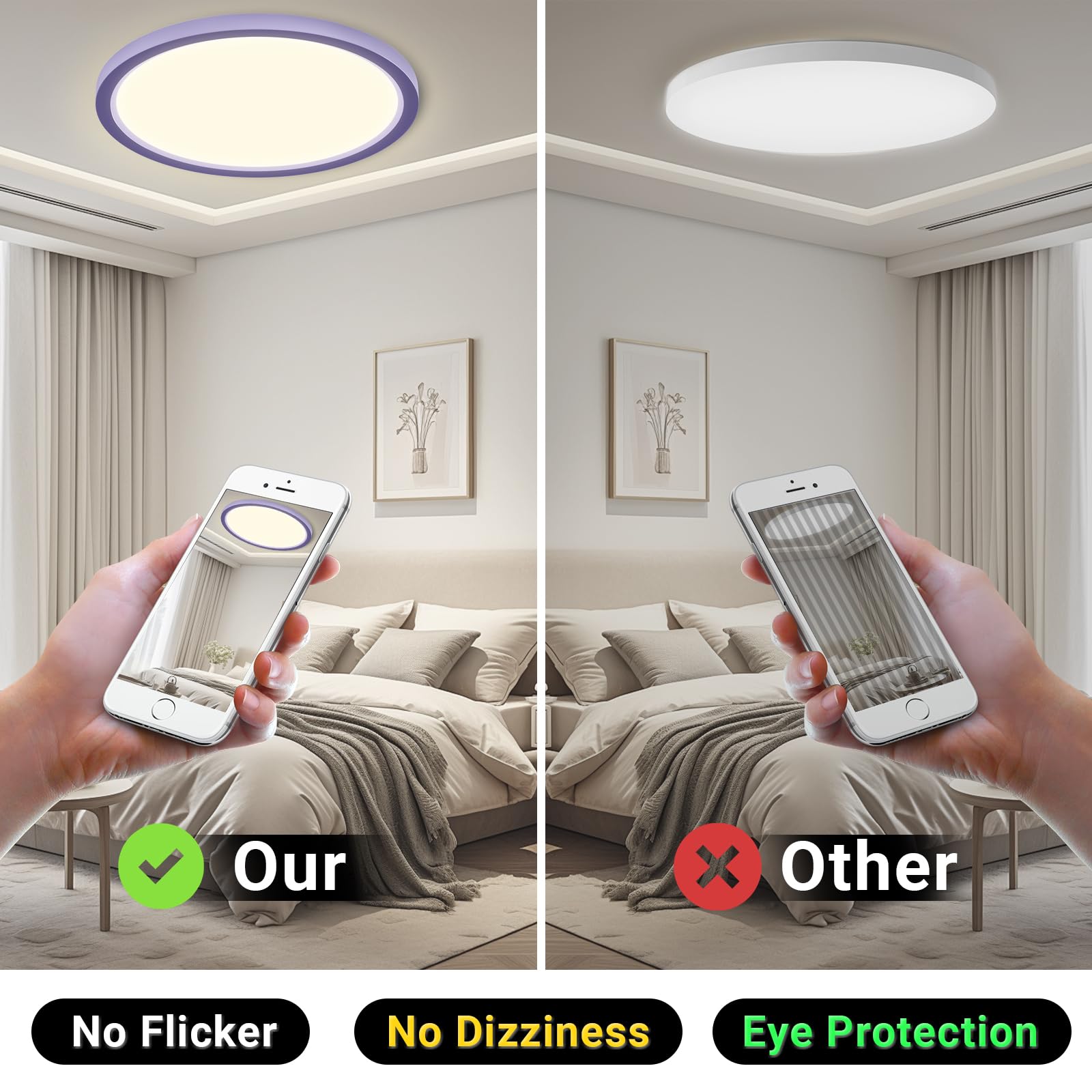 Runde LED-Deckenleuchte mit lila Rahmen, im Schlafzimmer an der Decke