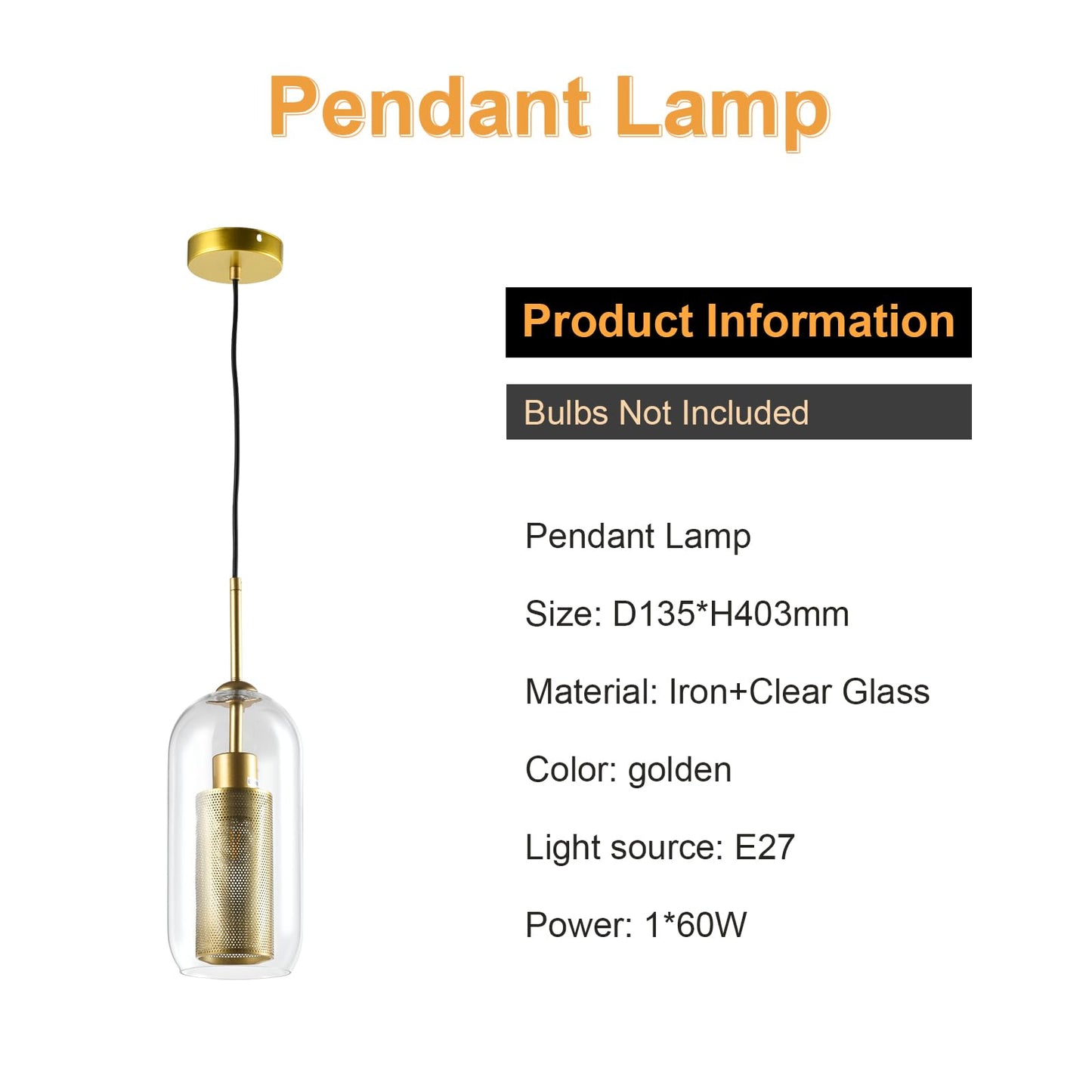 Pendelleuchte mit goldener Deckenplatte und klarem Glasschirm, E27