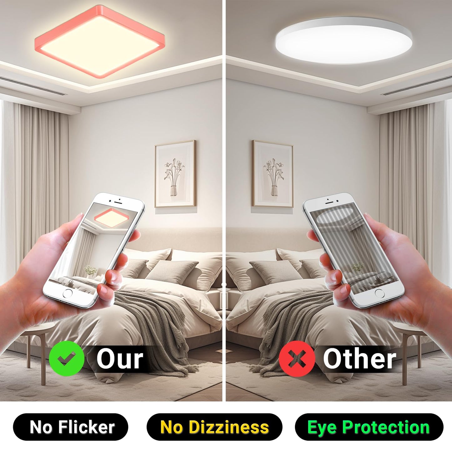 Flache quadratische LED-Deckenleuchte mit rotem Rahmen, warmweißes Licht