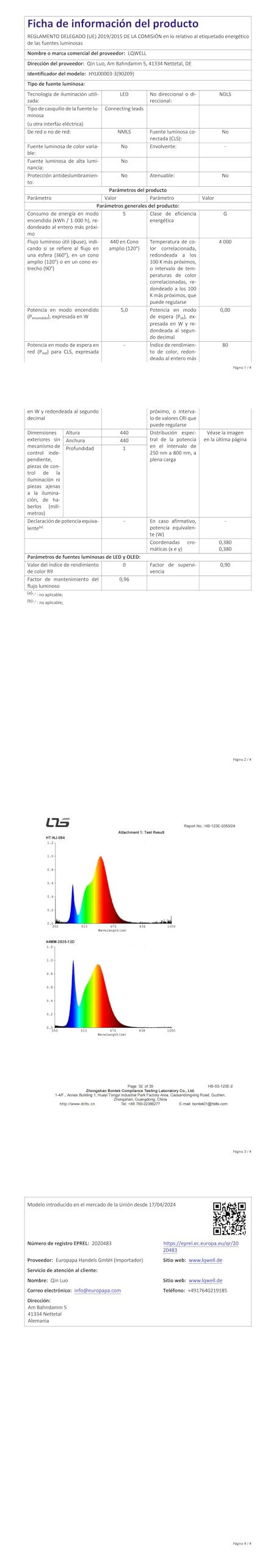 Technisches Datenblatt zur LED-Pendelleuchte mit Tabelle und zwei Farbdiagrammen
