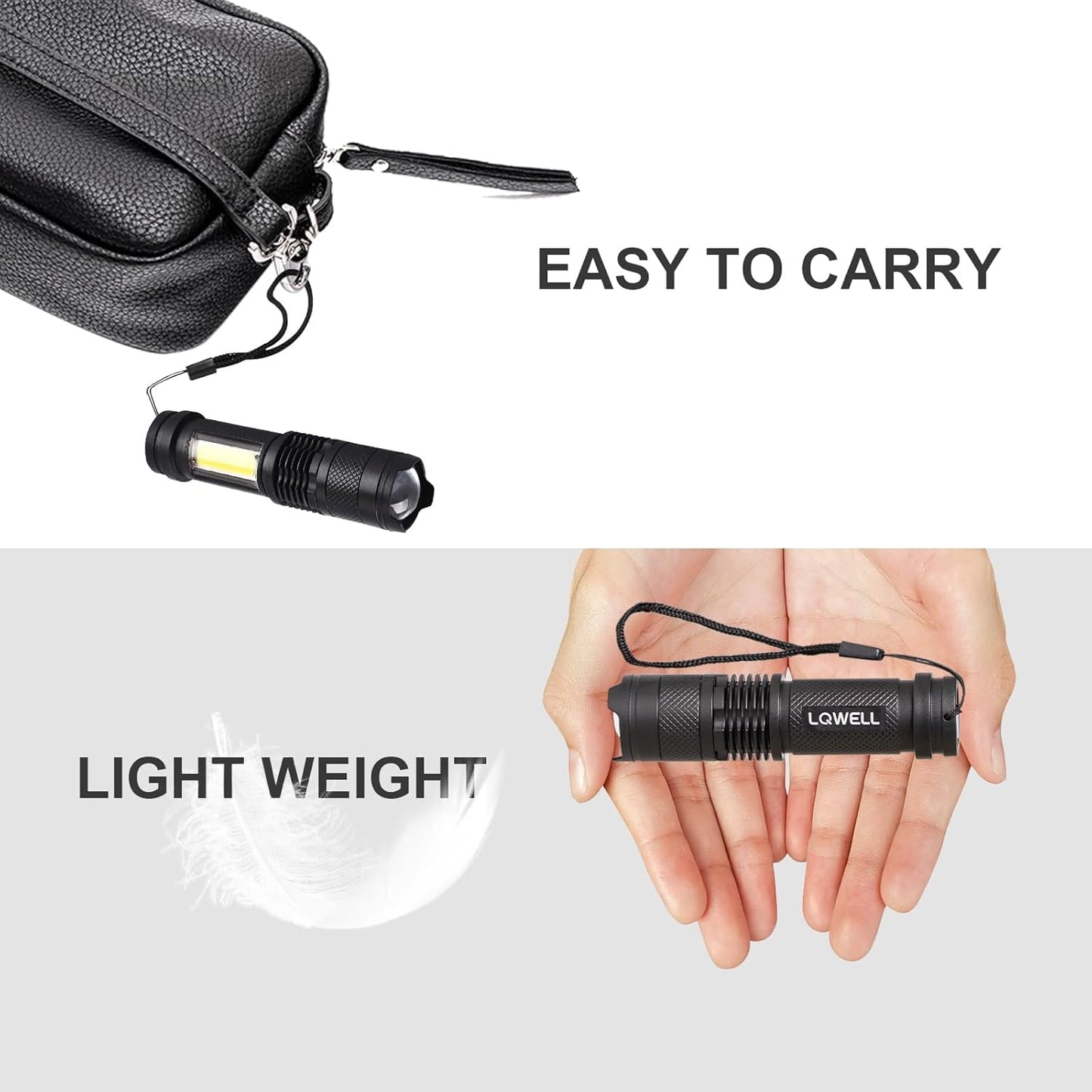 Mini-Taschenlampe mit schwarzer Tragetasche und Trageschnur; kompakte LED-Handlampe