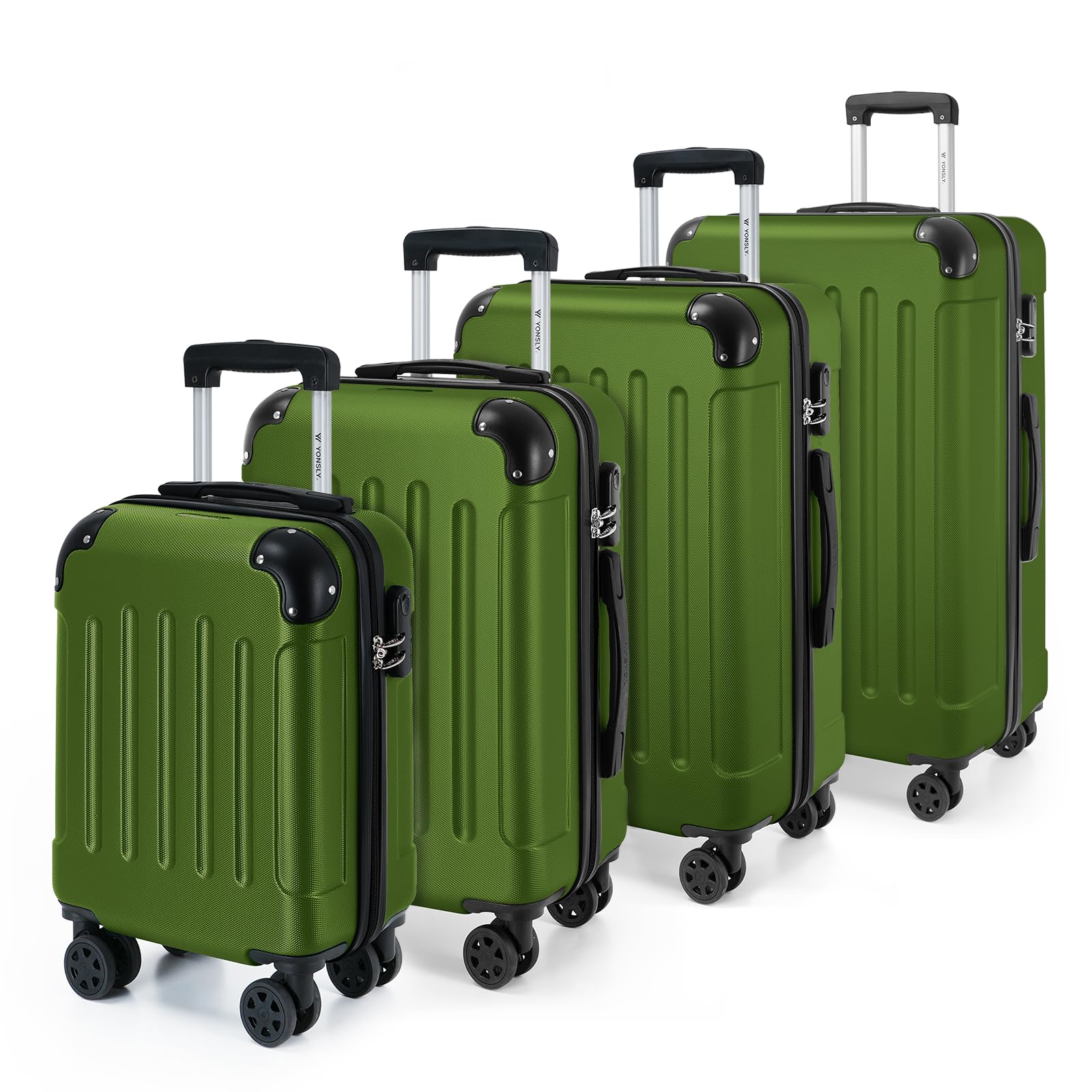 Hartschalen-Gepäckset mit drei Trolleys in Olivegrün, Kantenprofil und 4 Rollen