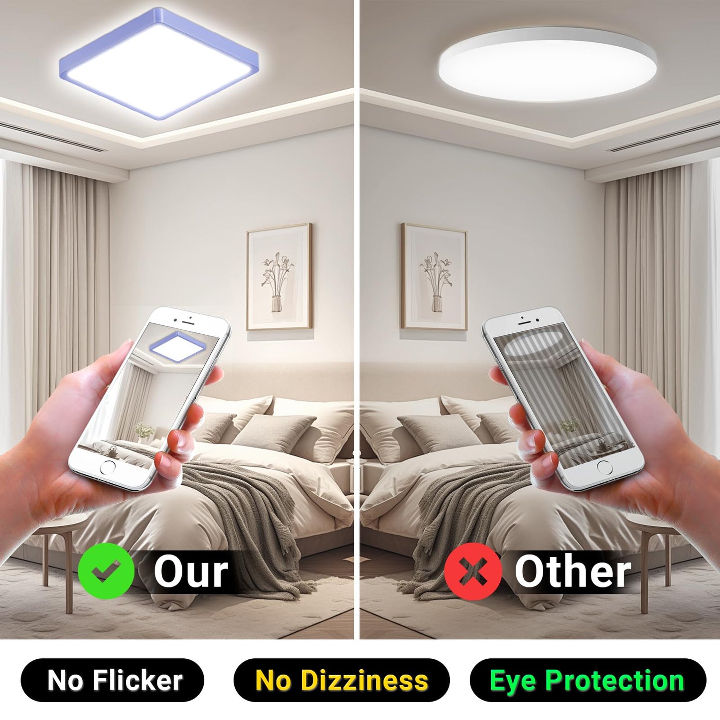 Quadratische LED-Deckenleuchte mit blauem Rahmen; Vergleich mit Smartphone am Bett