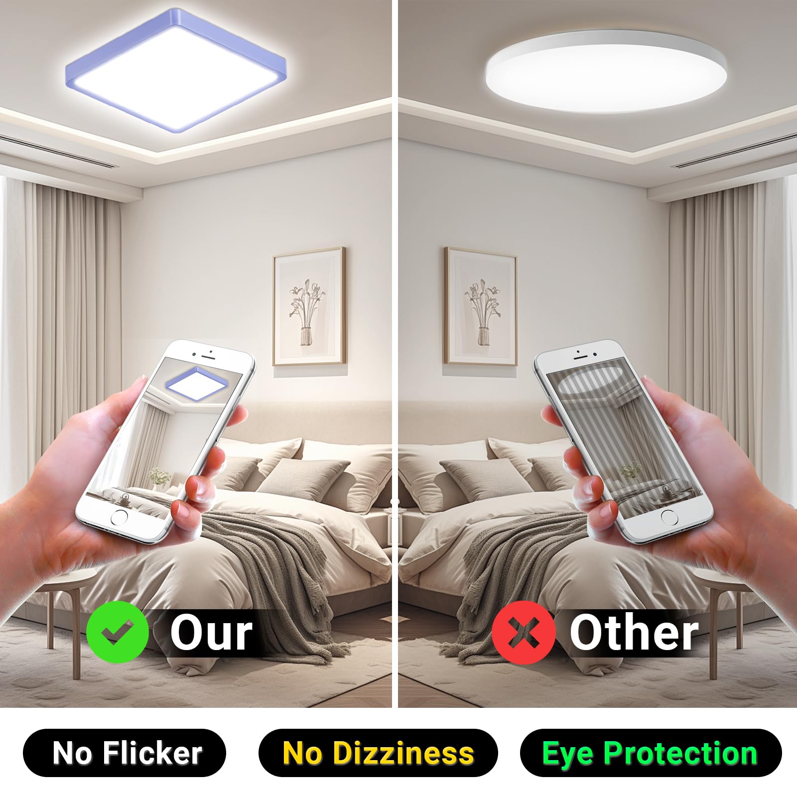 Quadratische LED-Deckenleuchte mit blauem Rahmen; Vergleich mit Smartphone am Bett