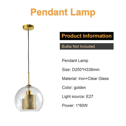 Globe-Pendelleuchte E27 mit goldenem Metallrahmen und klarem Kugelglas