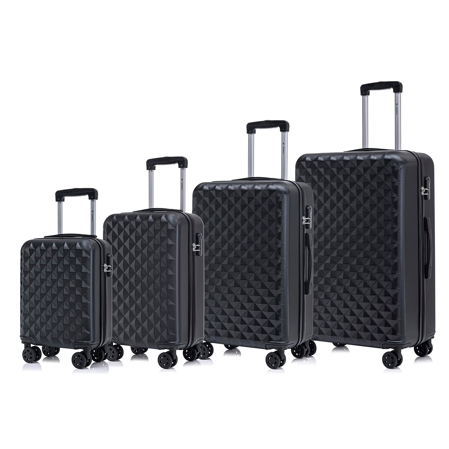 4-teiliges Koffer-Set mit Hartschale in Schwarz, Zahlenschloss, Teleskopgriff und 360° Rollen.
