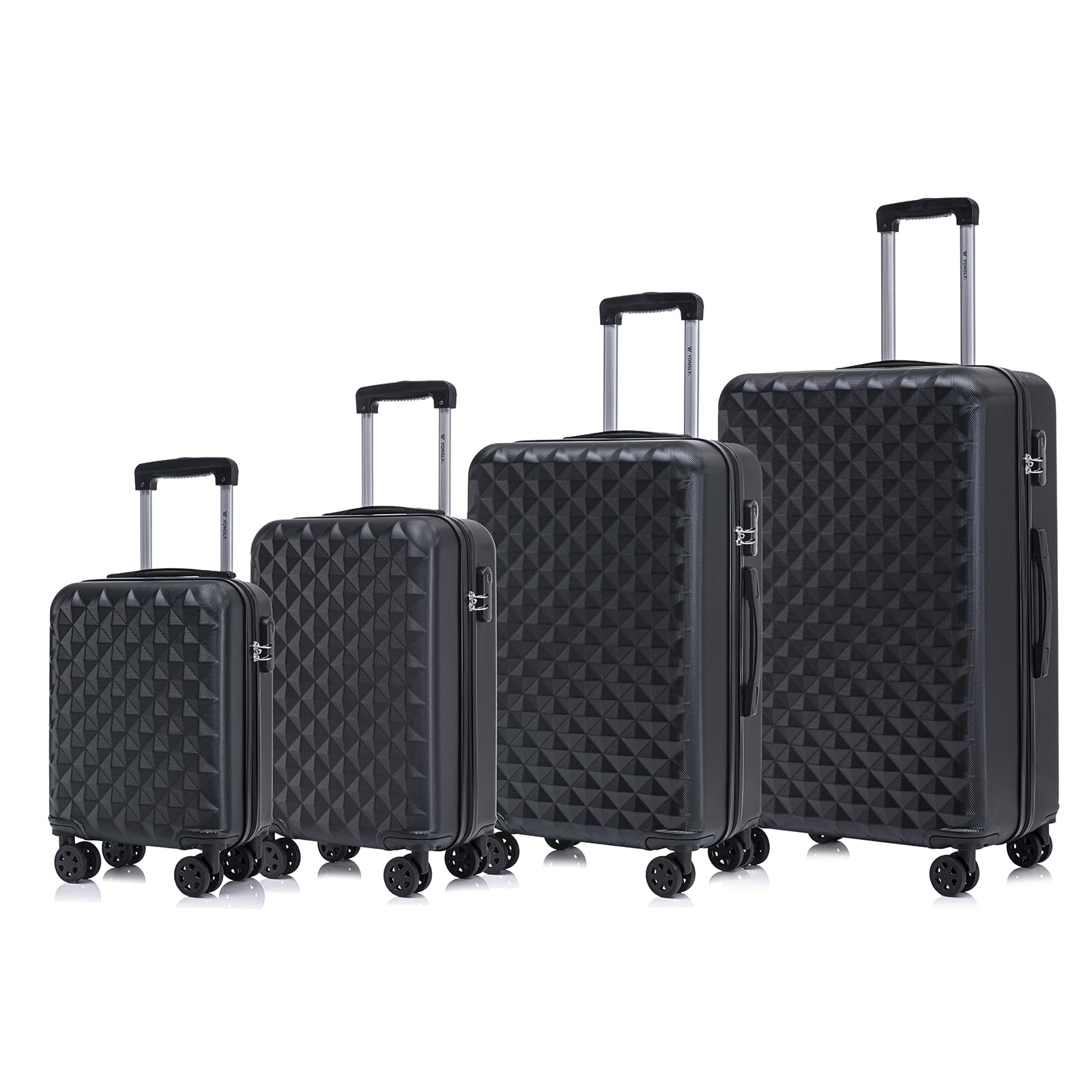 4-teiliges Koffer-Set mit Hartschale in Schwarz, Zahlenschloss, Teleskopgriff und 360° Rollen.