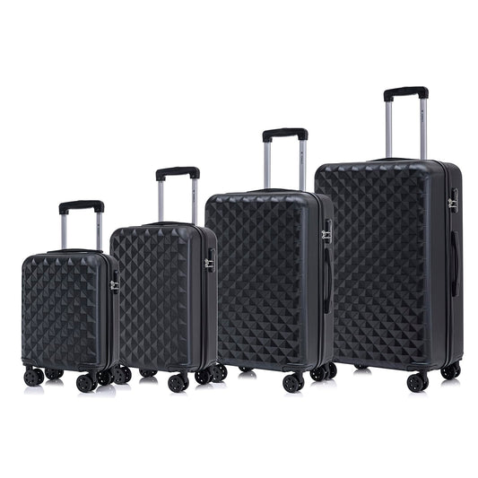 4-teiliges Koffer-Set mit Hartschale in Schwarz, Zahlenschloss, Teleskopgriff und 360° Rollen.