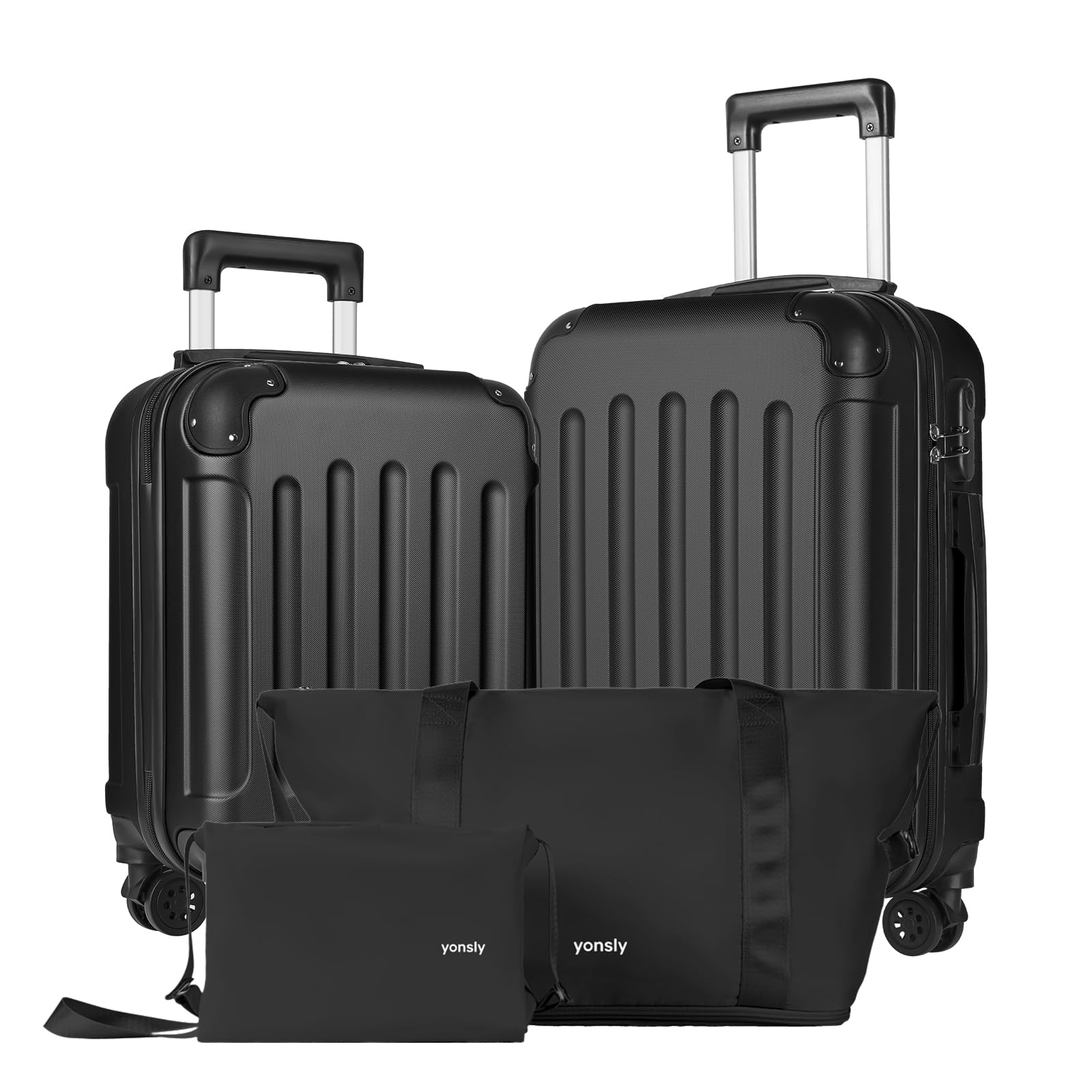 Reisekoffer-Set mit Hartschale, Trolley mit 4 Rollen und angebundener Reisetasche, Schwarz