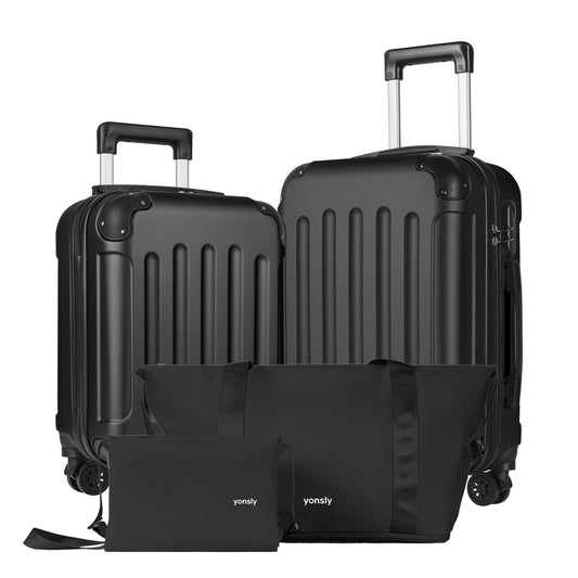 Reisekoffer-Set mit Hartschale, Trolley mit 4 Rollen und angebundener Reisetasche, Schwarz