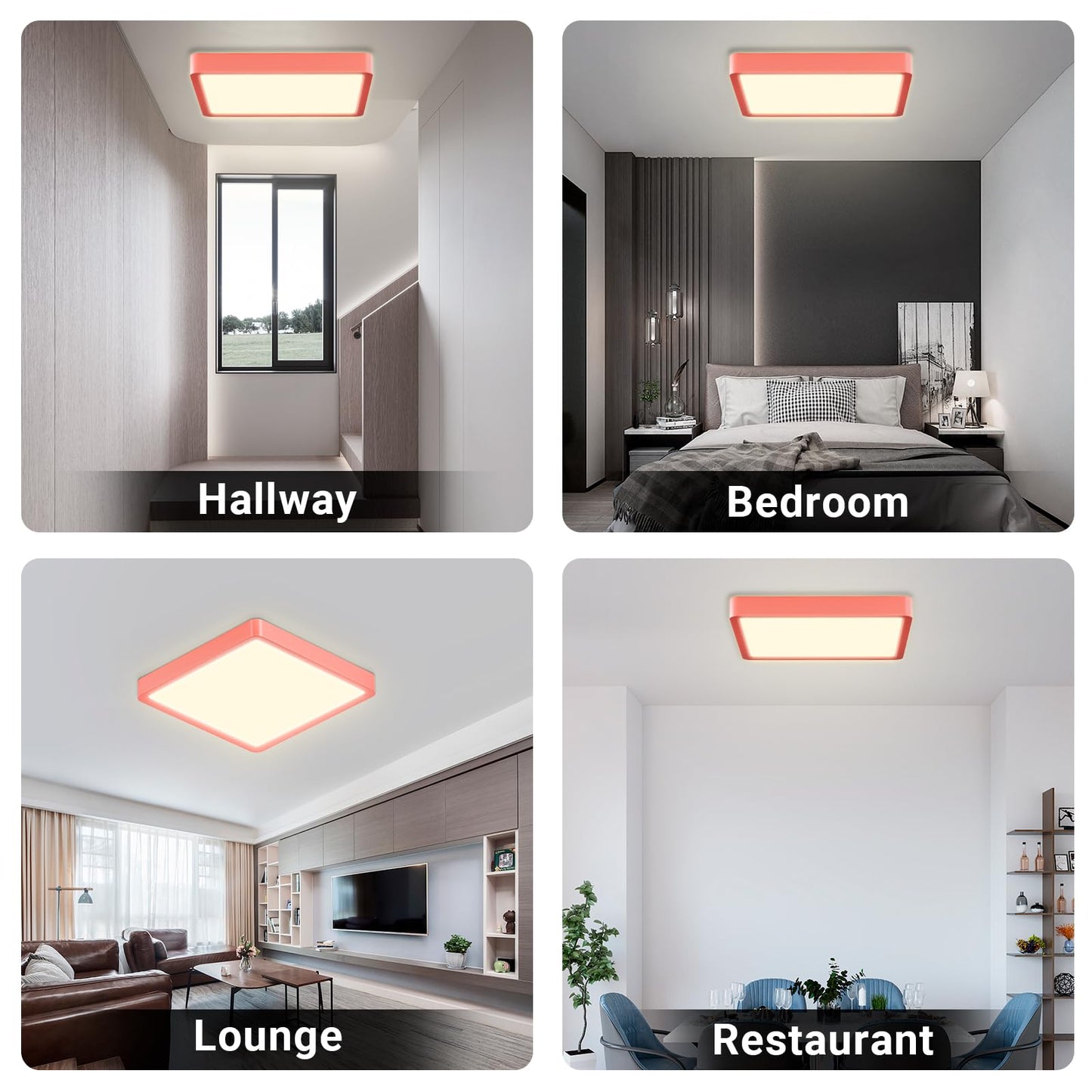 Quadratische LED-Deckenleuchte mit rotem Rahmen, flach an der Decke montiert