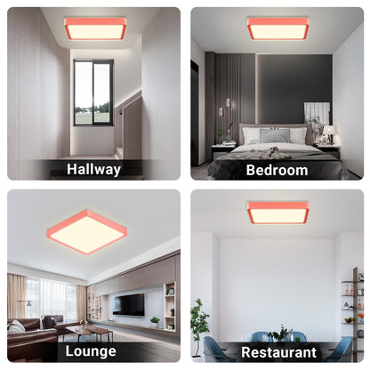 Quadratische LED-Deckenleuchte mit rotem Rahmen, flach an der Decke montiert