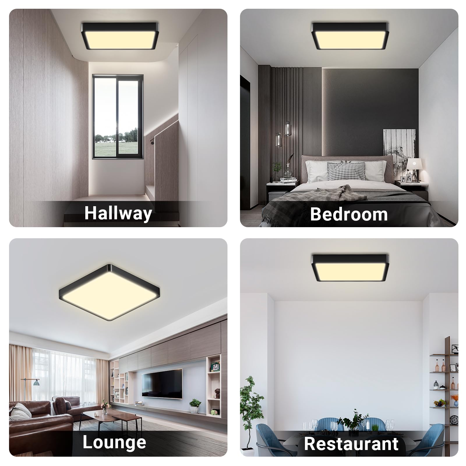 LED-Deckenleuchte, quadratisch flach, schwarze Einfassung, warmweißes Licht für Deckenmontage