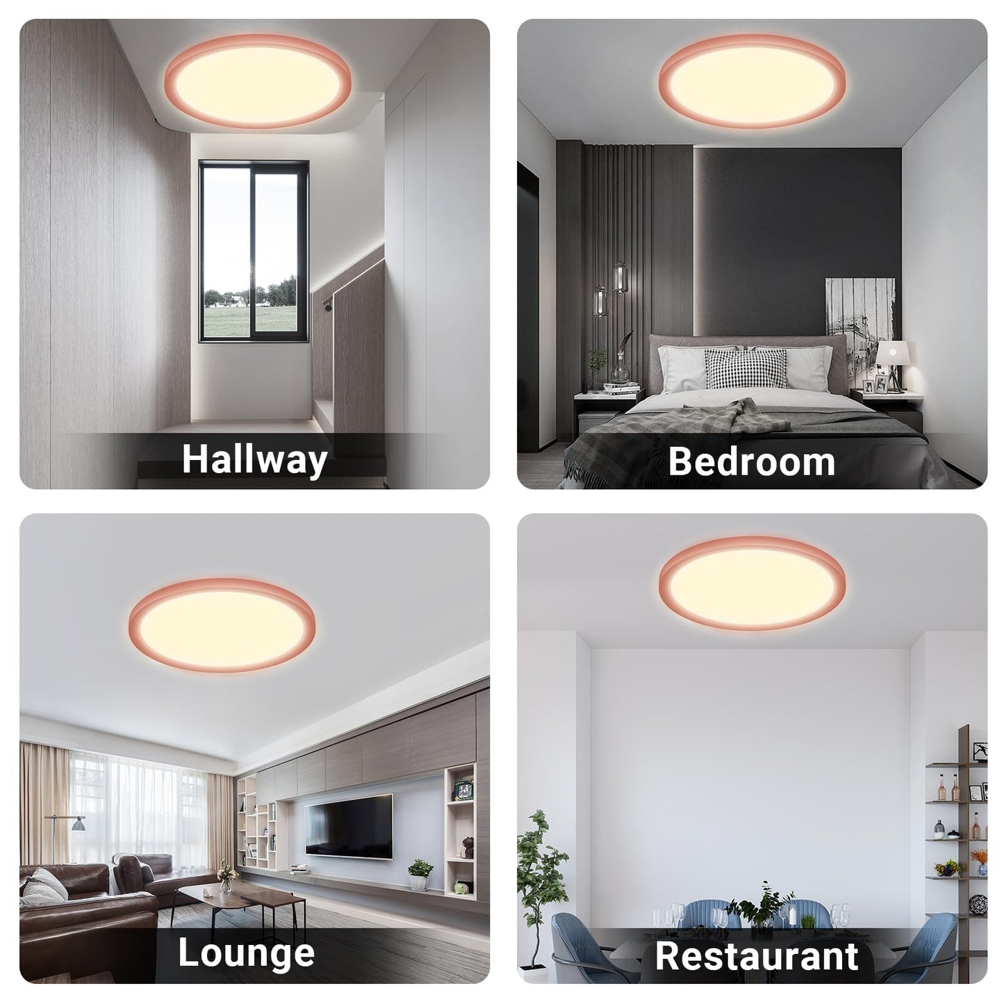 LED-Deckenleuchte für mehrere Räume, rundes Design mit warmweißem Lichtkreis