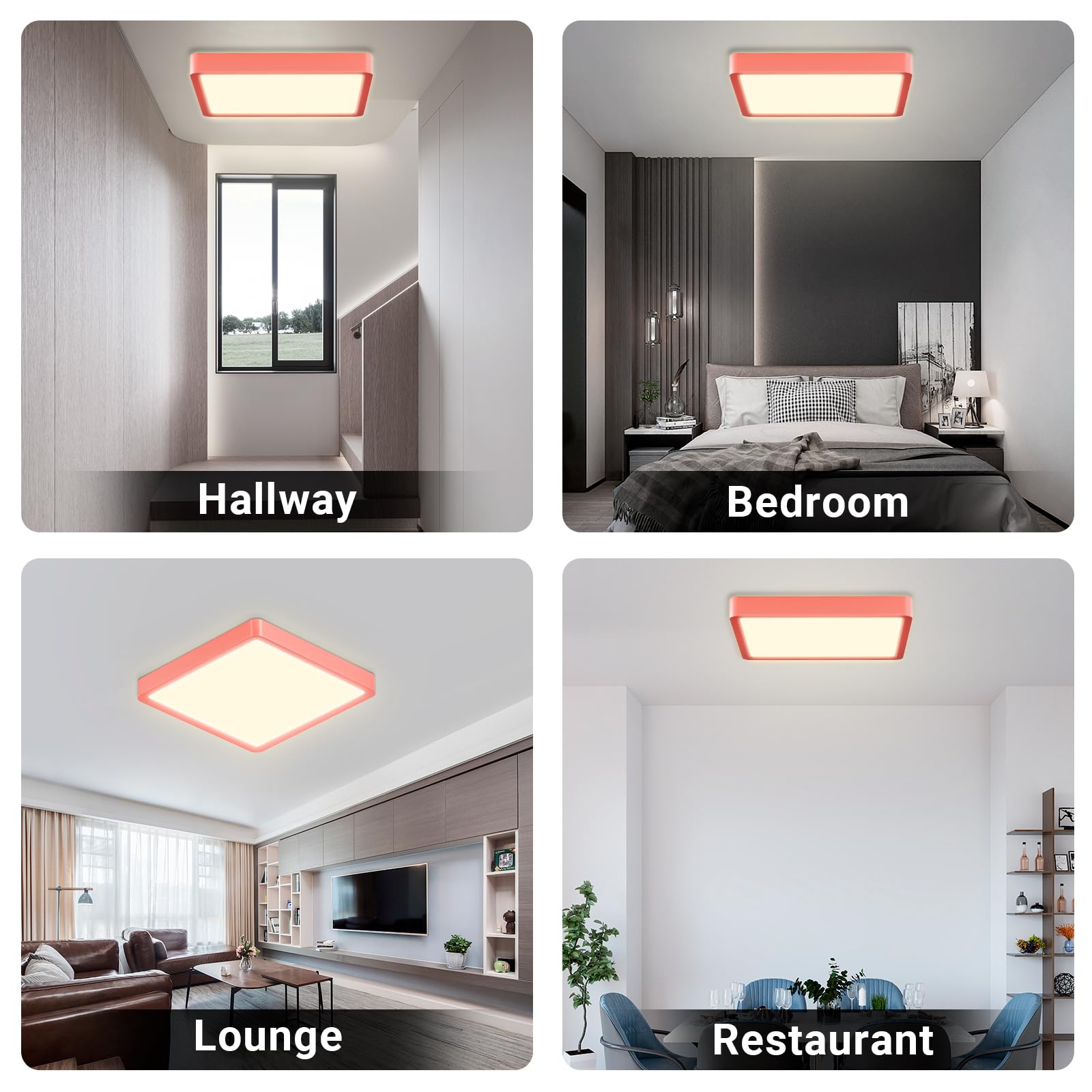 Quadratische LED-Deckenleuchte mit rotem Rahmen, flache Bauform für verschiedene Räume