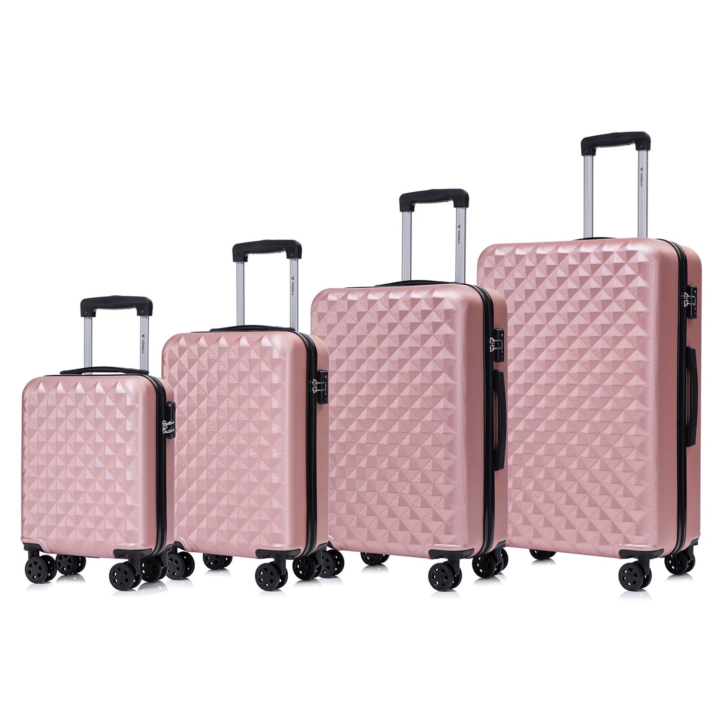 Hartschalenkoffer-Set mit 4 Rollen, roségold und schwarzem Rahmen, 4 Größen