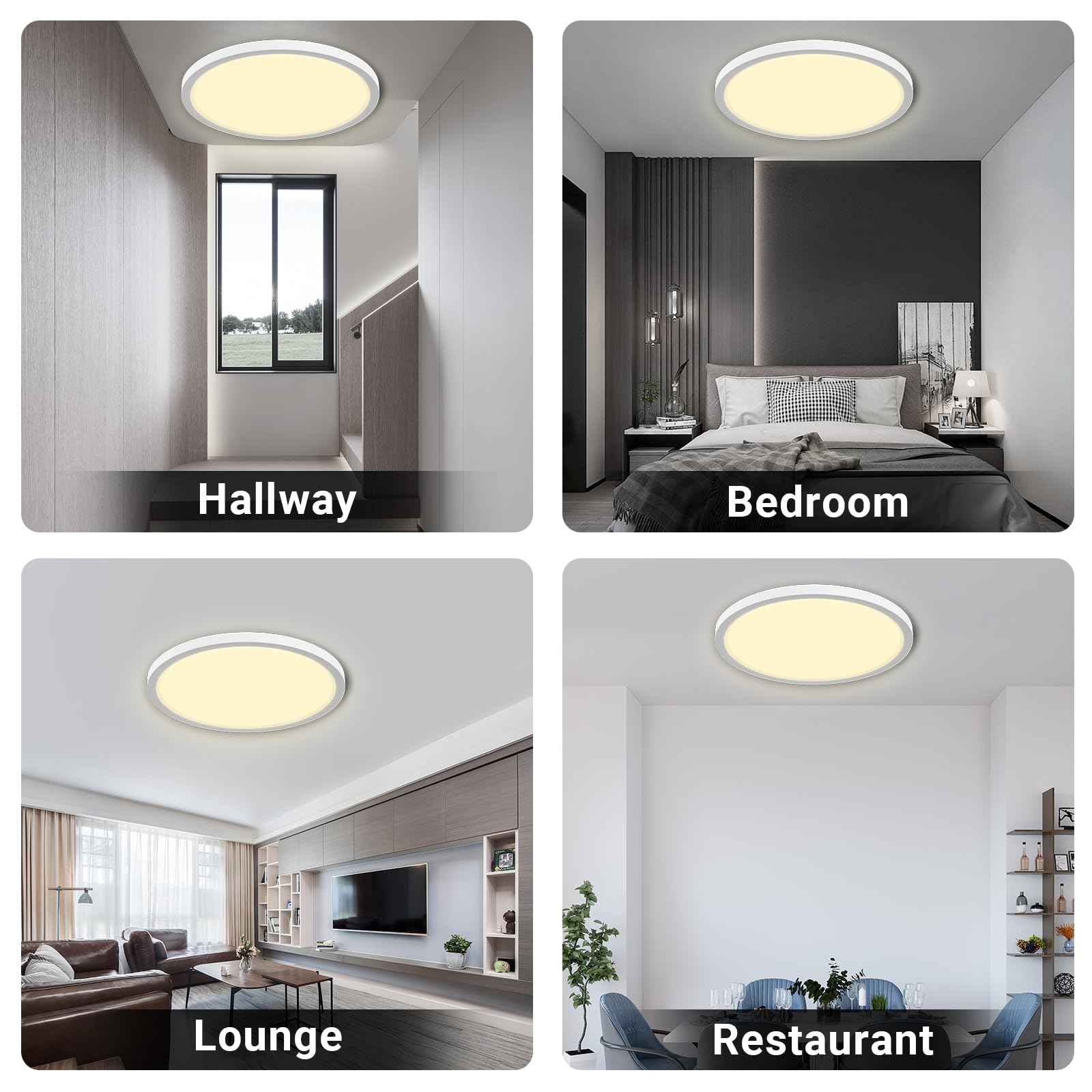 Runde LED-Deckenleuchte in vier Raumansichten: Flur, Schlafzimmer, Lounge, Restaurant