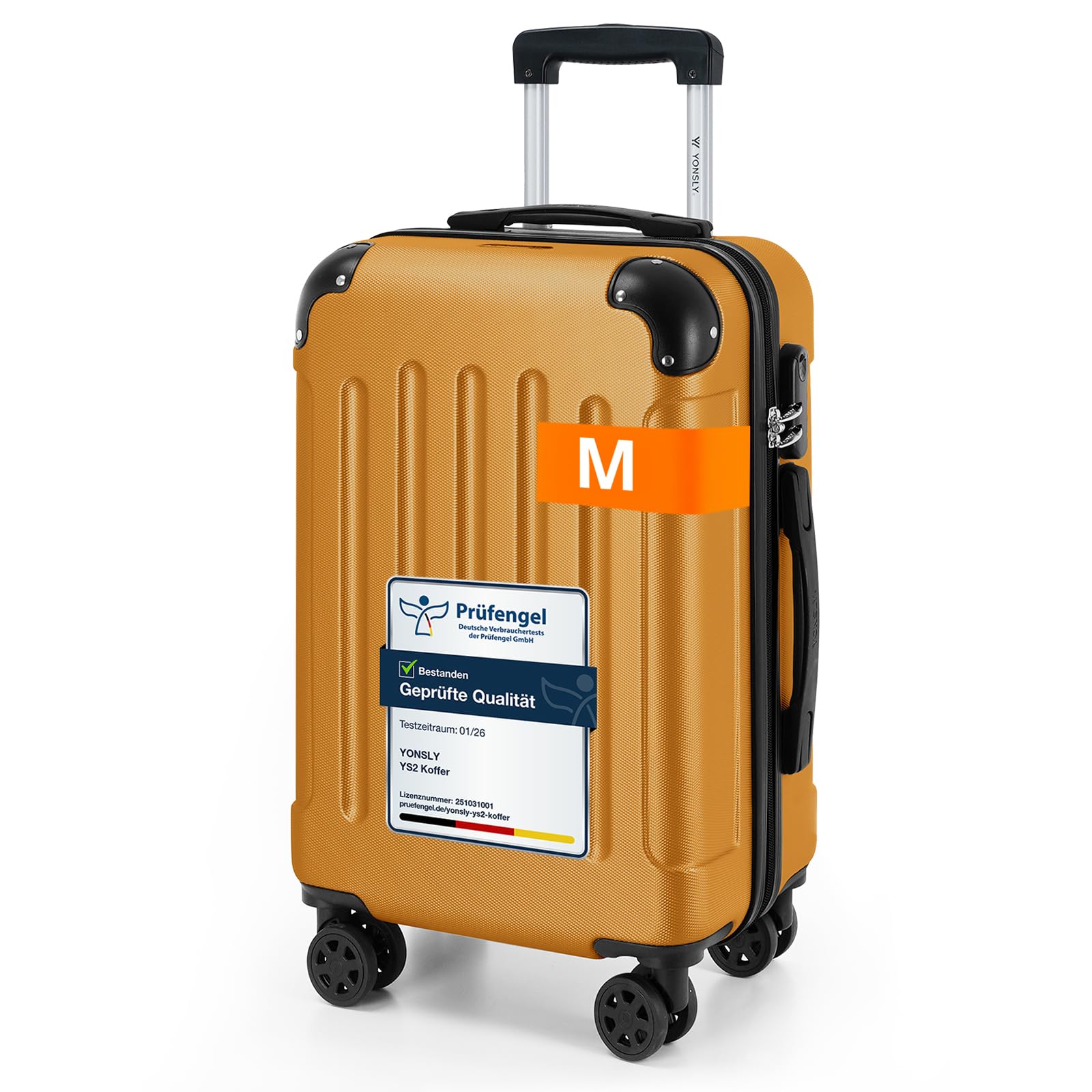Hartschalen-Trolley-Gepäckkoffer, orange, Größe M, mit Zahlenschloss und 4 Rollen