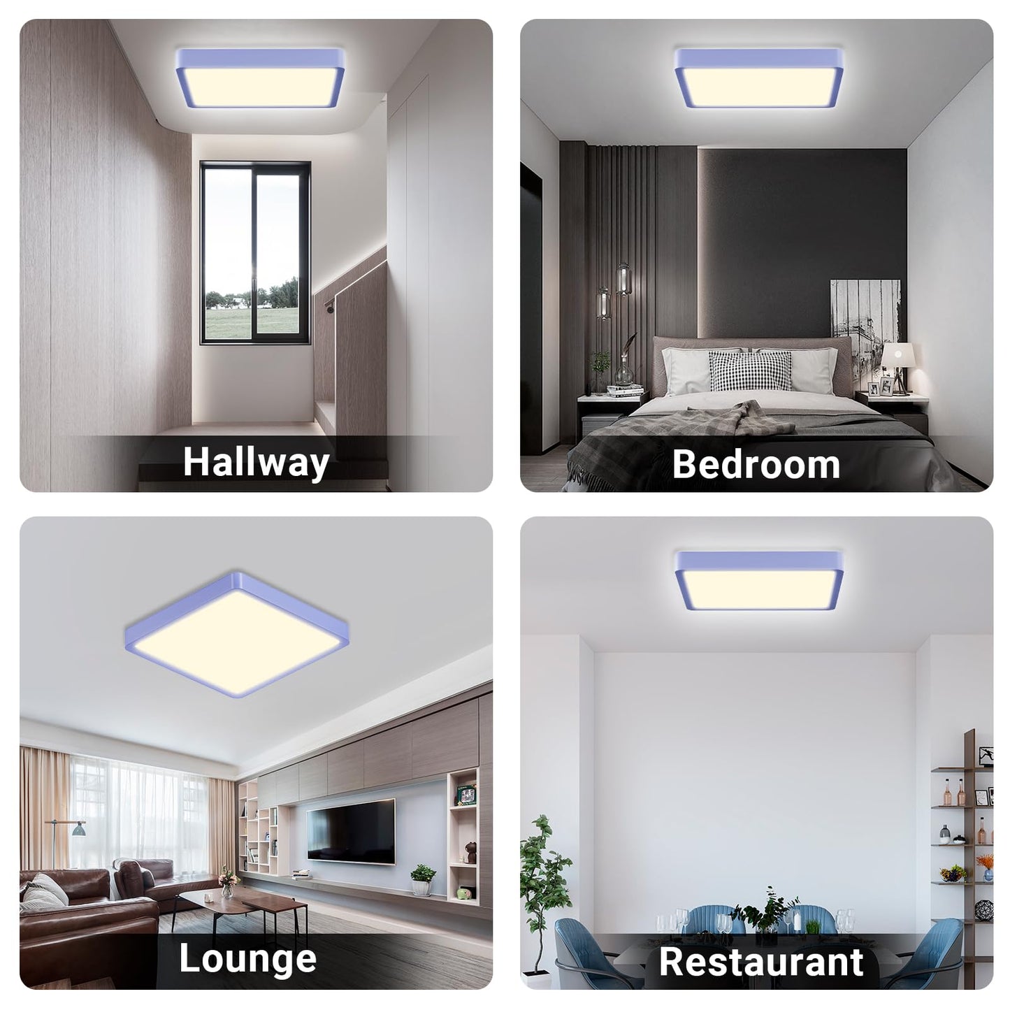 Quadratische LED-Deckenleuchte, blau-lila Rahmen, mehrere Räume im Vergleich