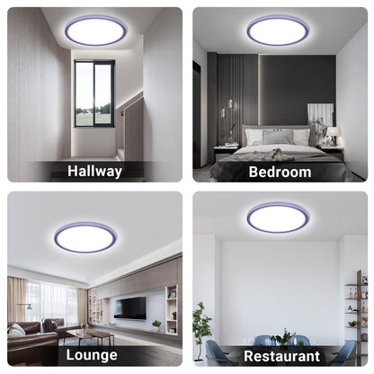 Runde LED-Deckenleuchte mit lila Rand und flachem Deckenprofil