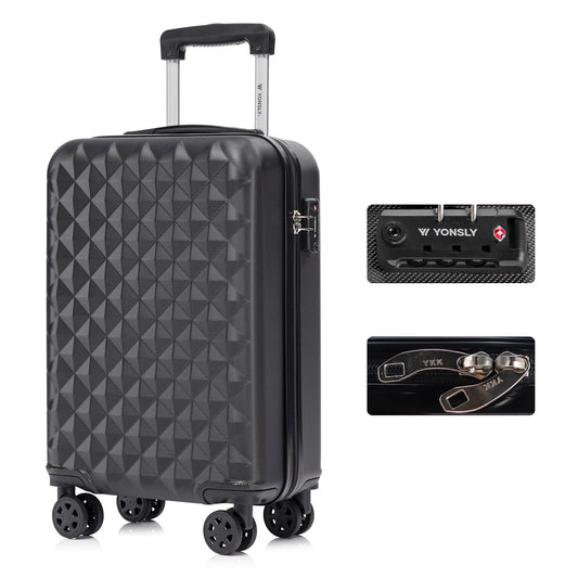 Schwarzer Hartschalen-Reisekoffer mit diagonaler Prägung, 4 Rollen und Teleskopgriff
