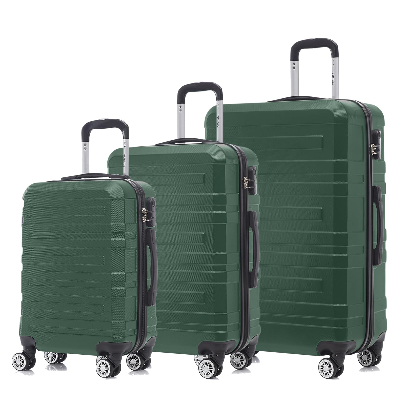 YONSLY® Hartschalen-Reisekofferset in Dunkelgrün, 4 Rollen, Trolleygriff, 3er-Set